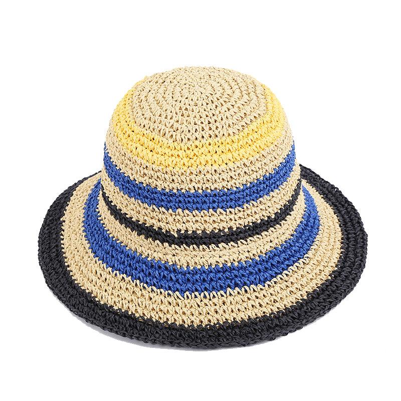 Blue Black Striped Straw Bucket Beach Hat - Uniqvibe