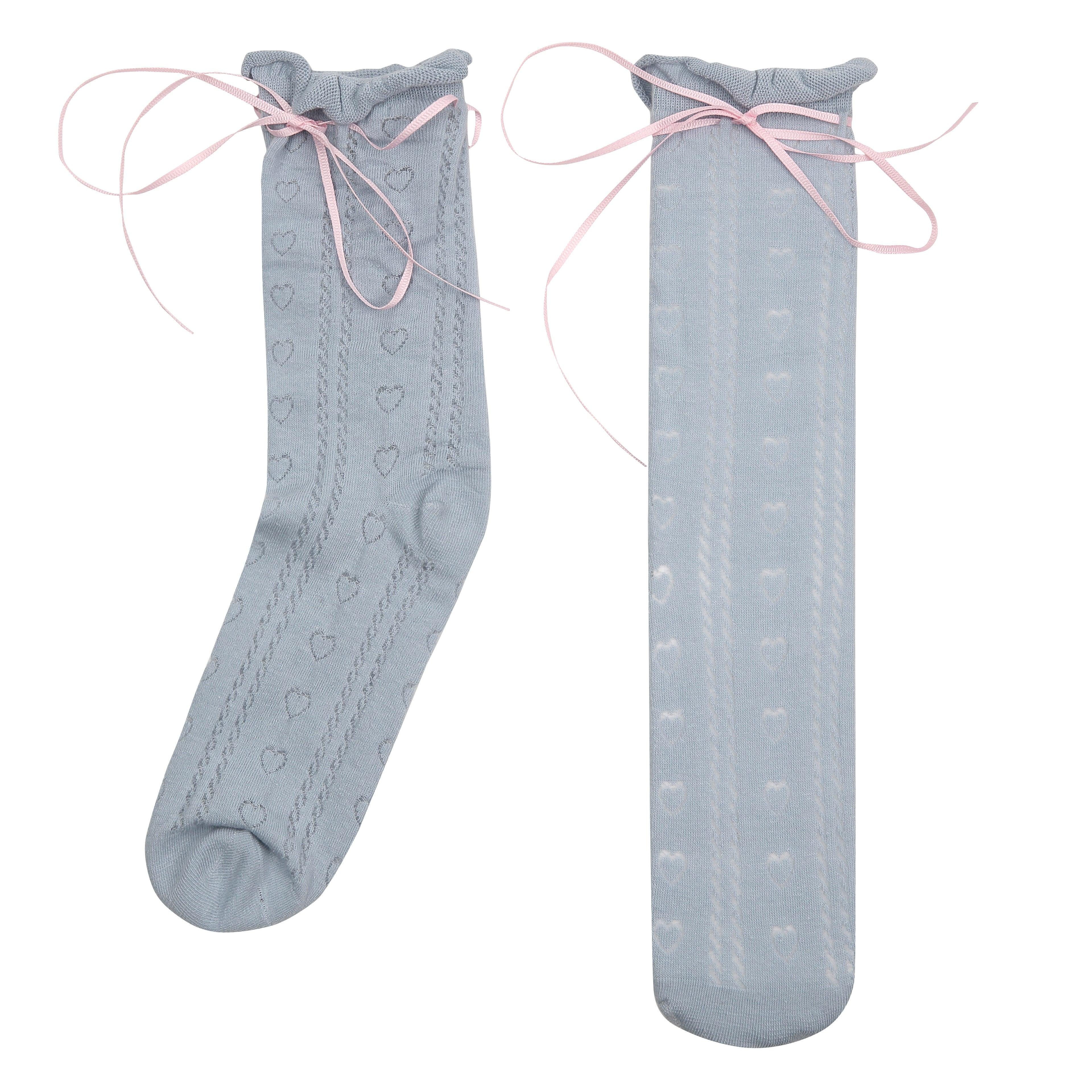 Blue Heart Pattern Pink Tie Ballet Stretch Socks - Uniqvibe