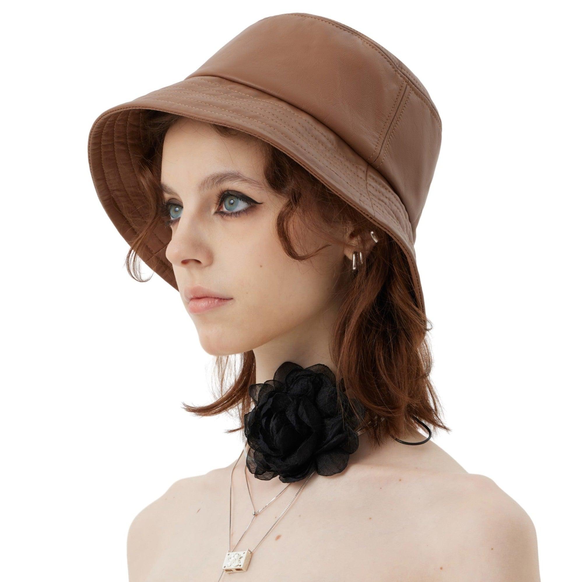 Brown Leather Wide Brim Bucket Hat