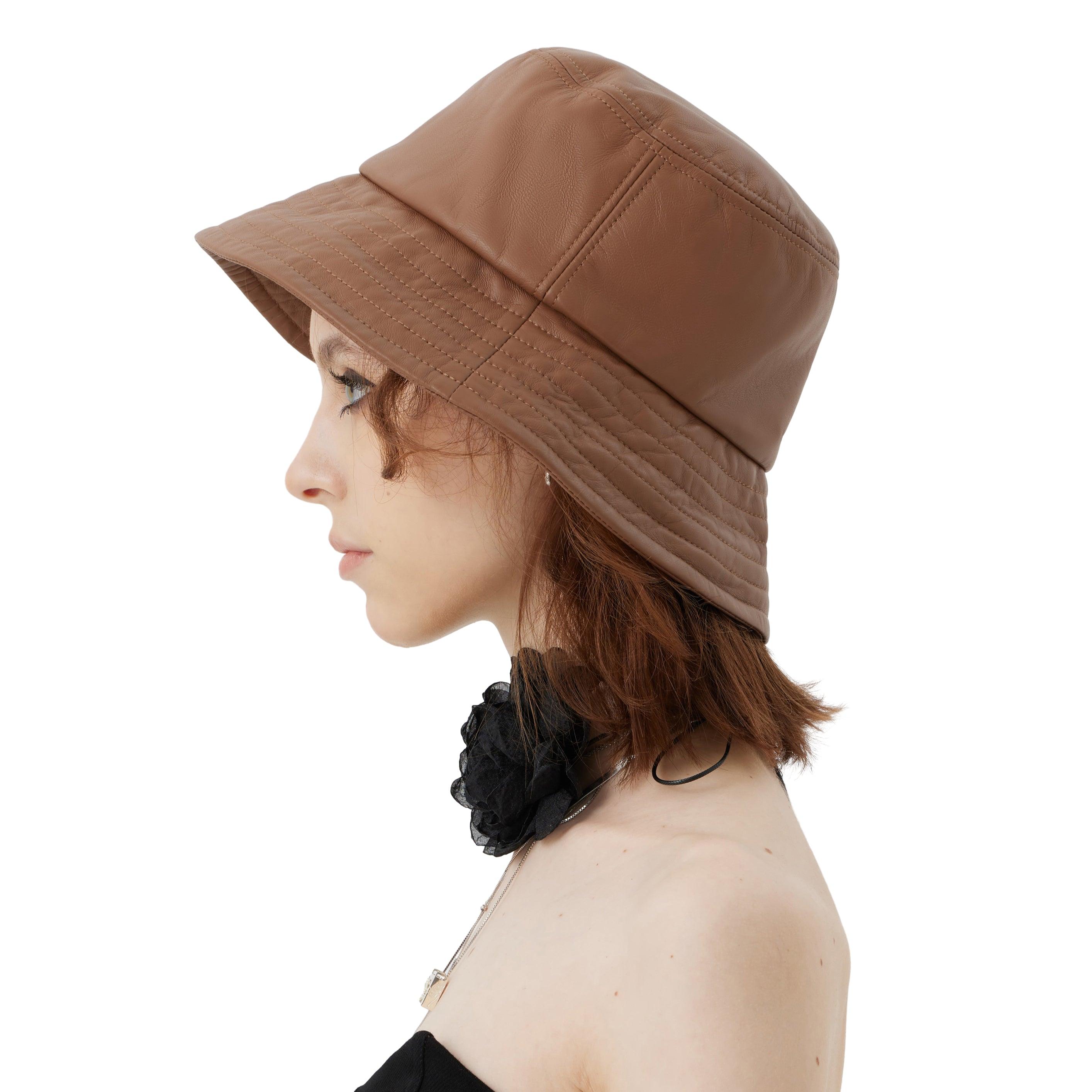 Brown Leather Wide Brim Bucket Hat - Uniqvibe