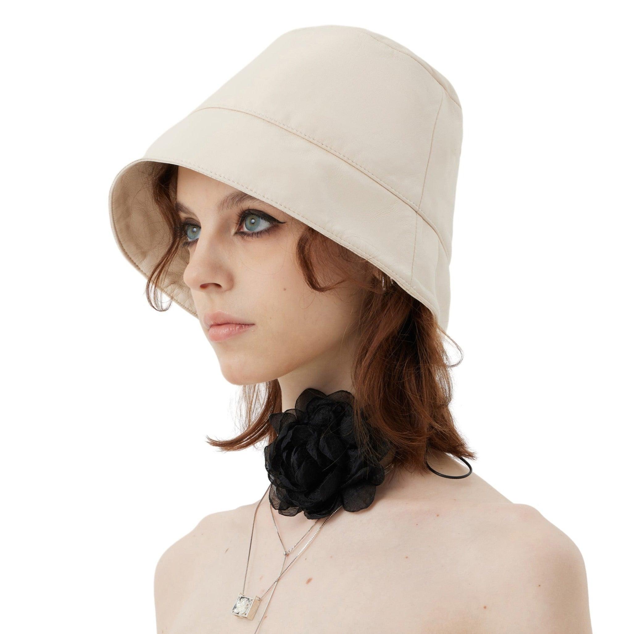 Cream-white/Black Leather Narrow Bucket Hat - Uniqvibe
