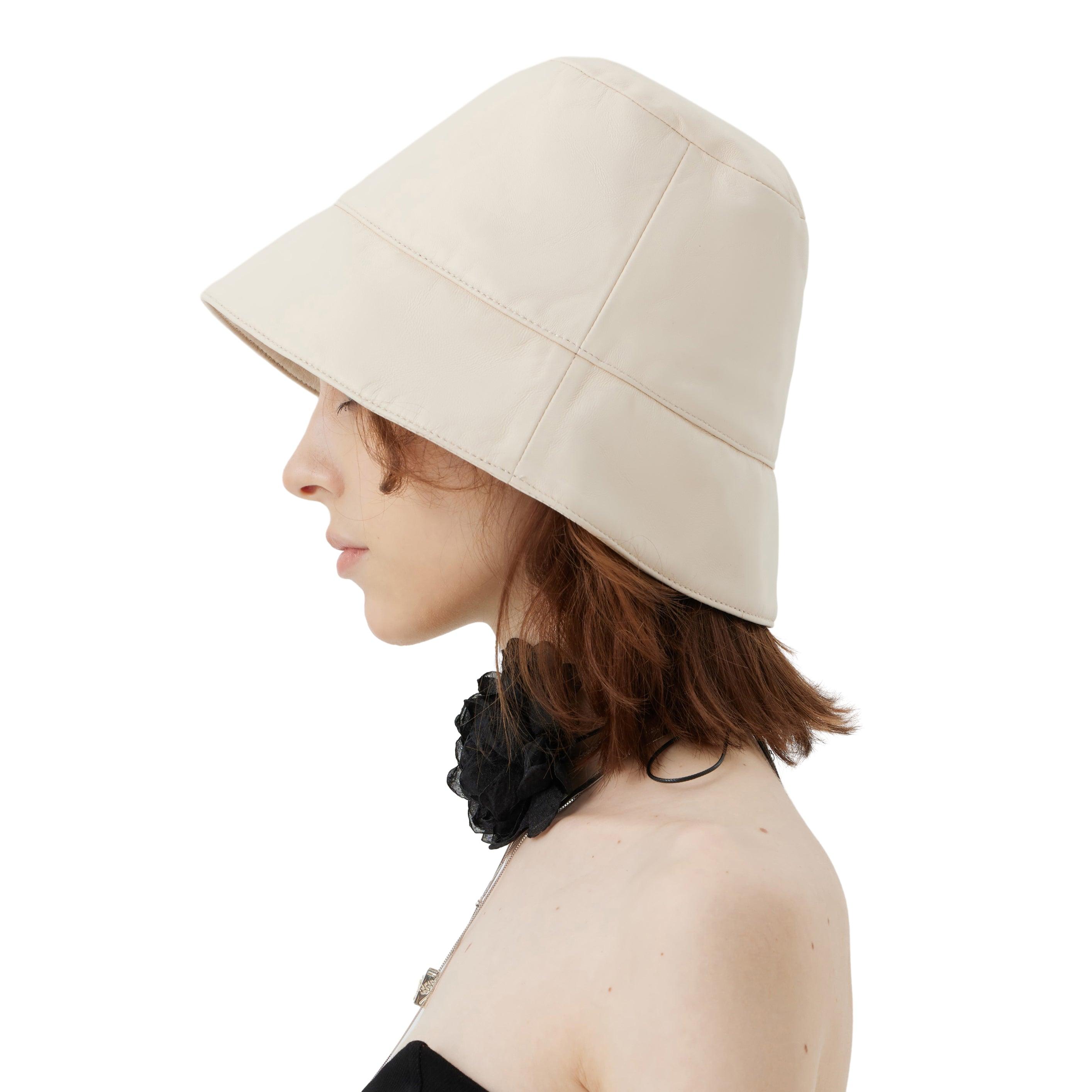 Cream-white/Black Leather Narrow Bucket Hat - Uniqvibe