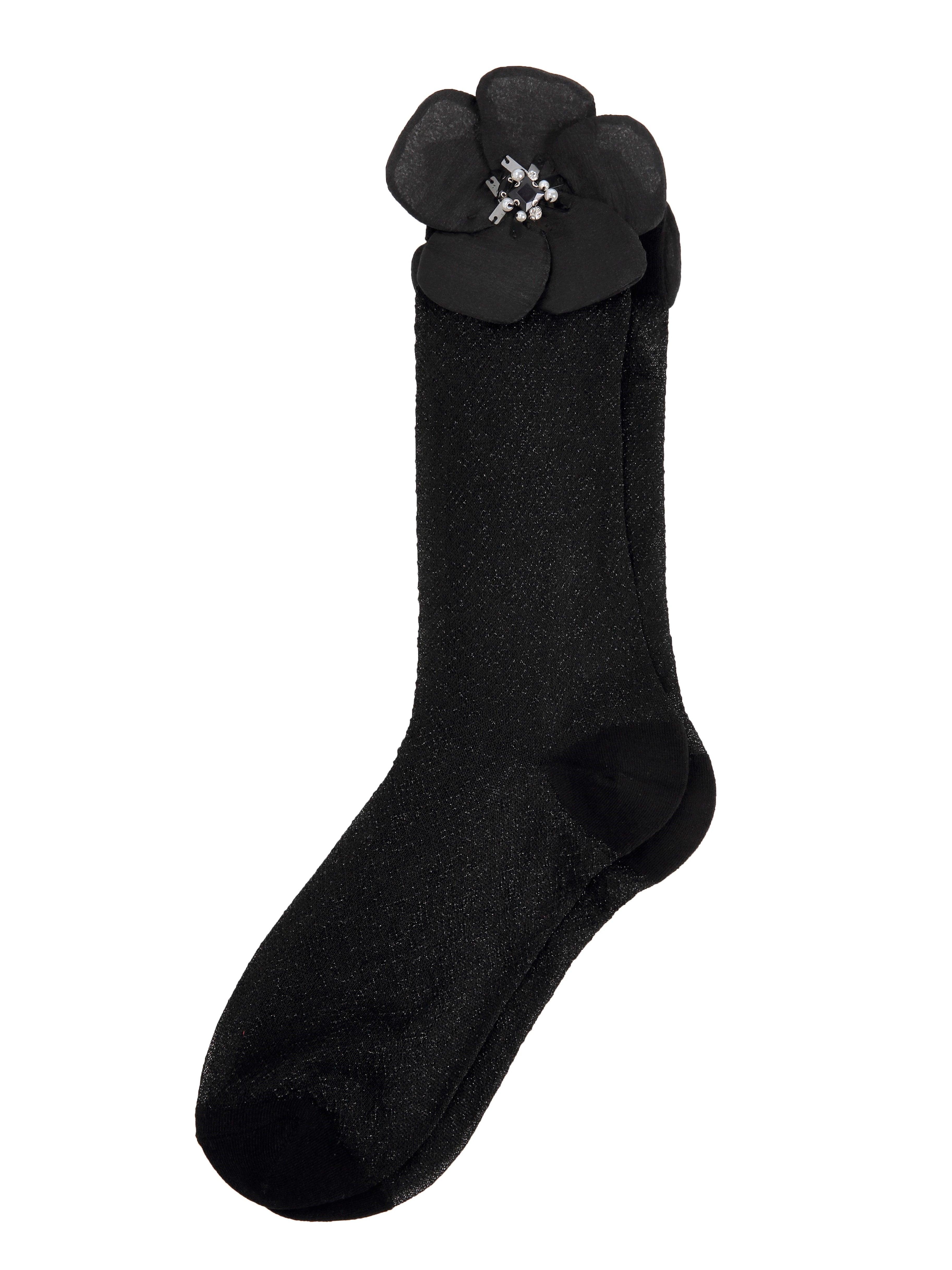 Crystal Floral Stretch Black/White Tulle Socks - Uniqvibe