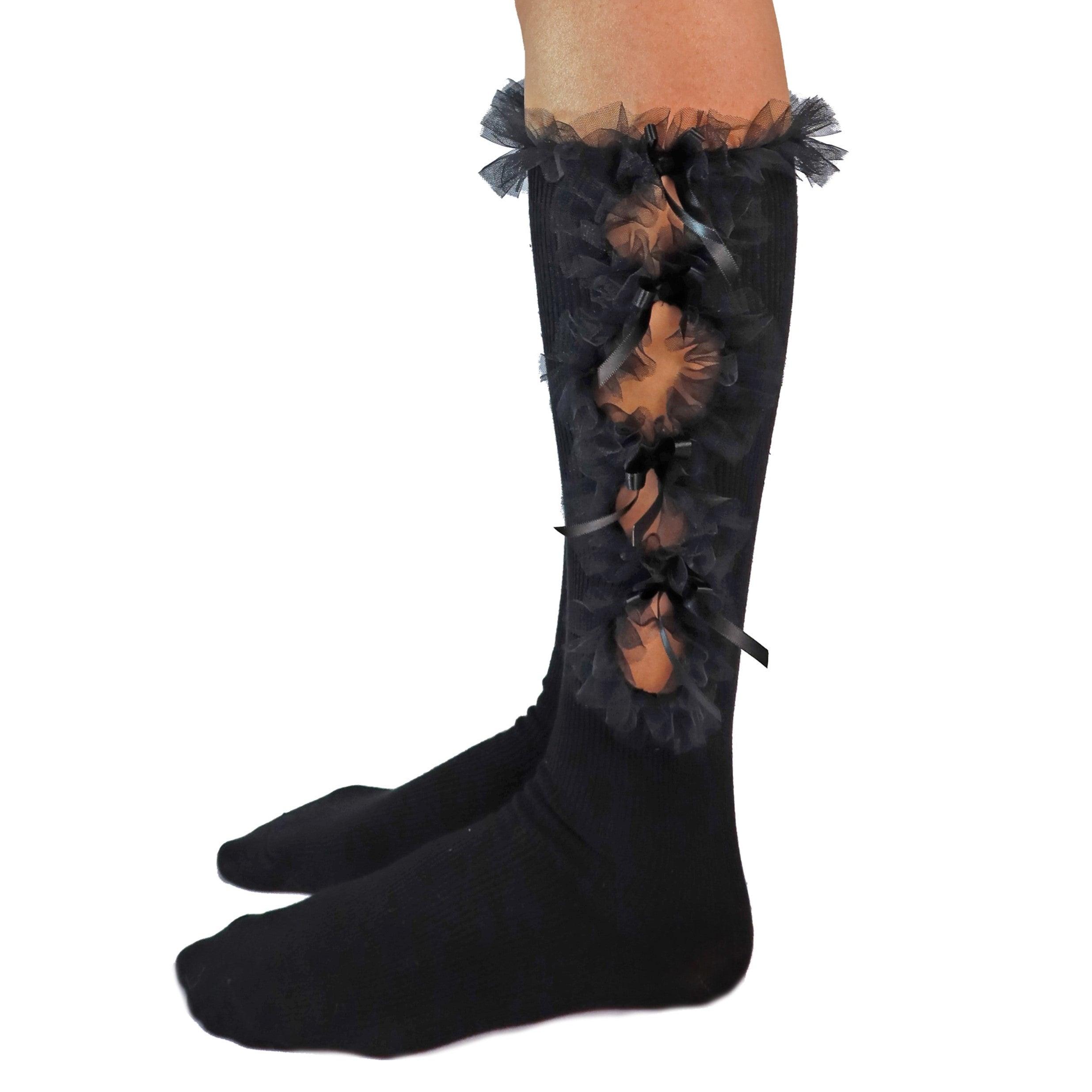Cutout Tulle Ruffle Bow Calf Socks - Uniqvibe