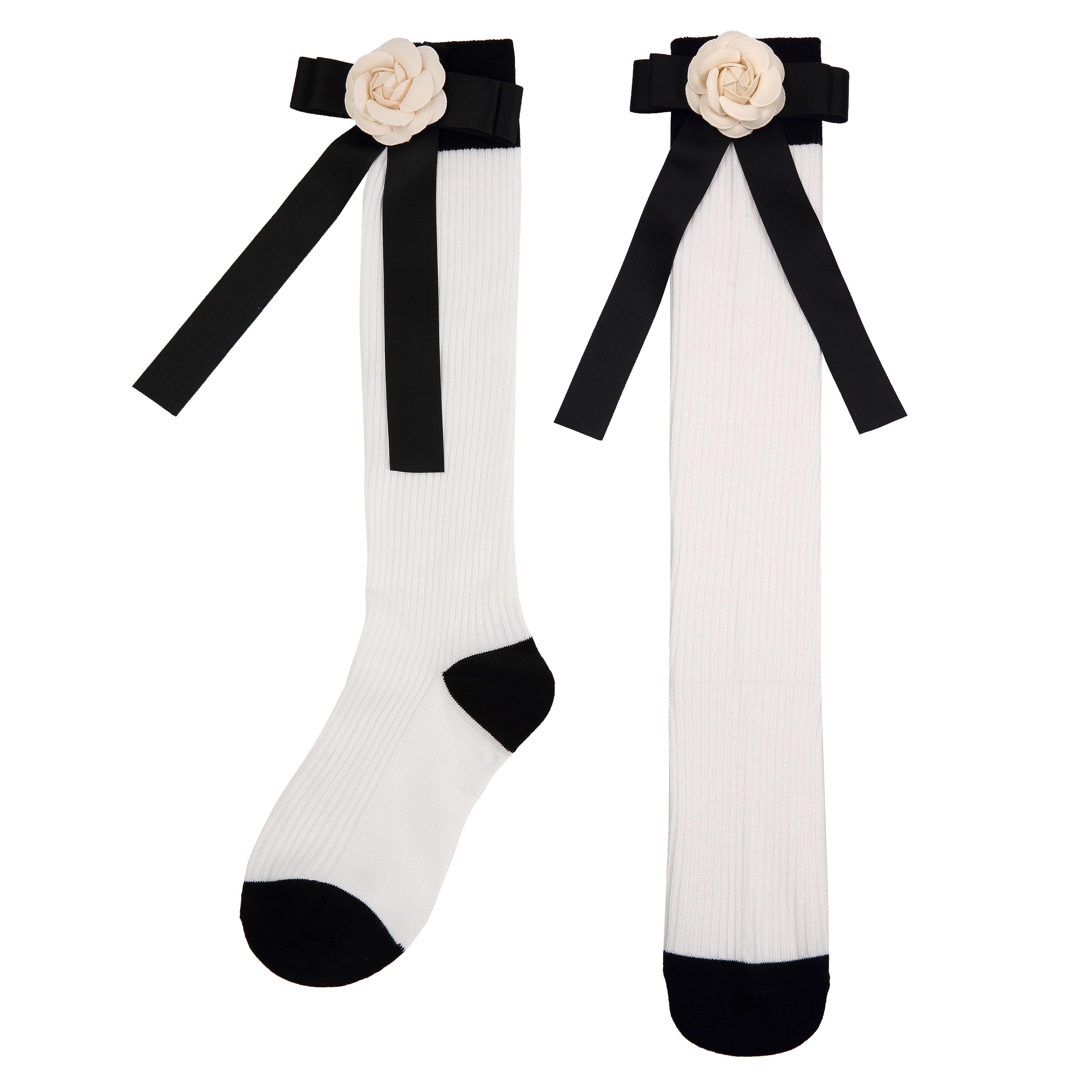 Delicate Camellia Bow White Cotton Long Socks - Uniqvibe