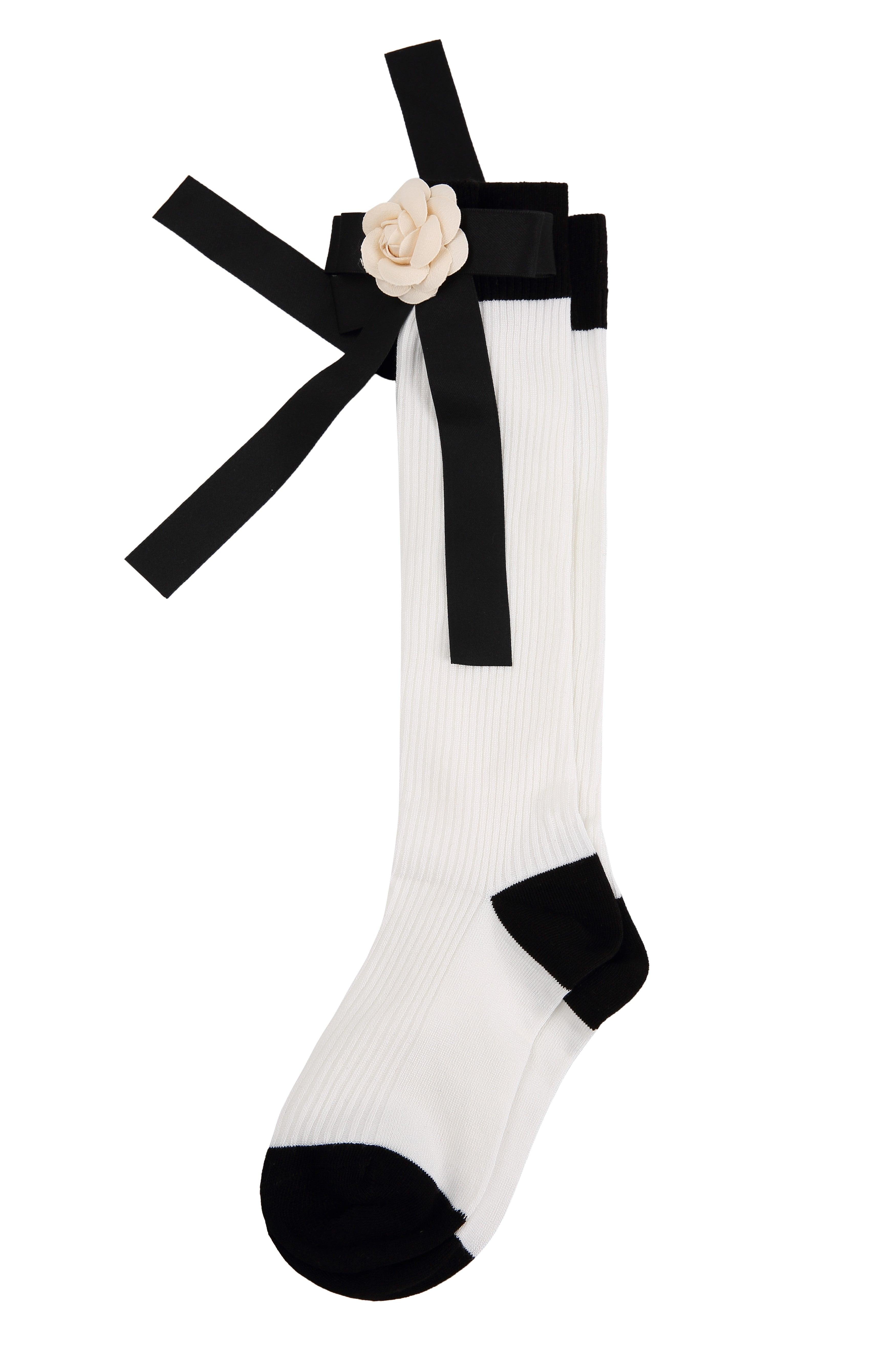 Delicate Camellia Bow White Cotton Long Socks - Uniqvibe