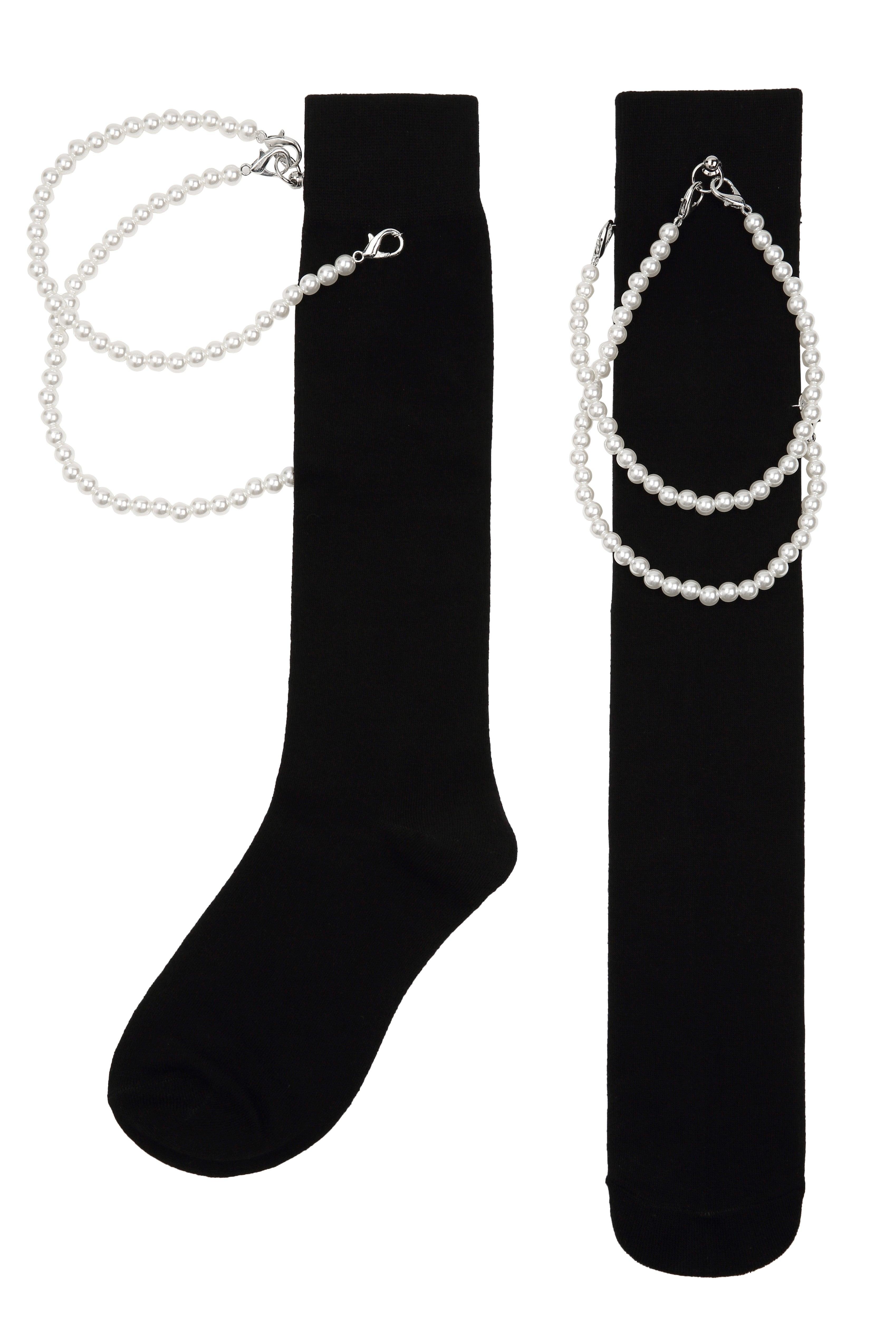 Detachable Pearl Chain Black Cotton Long Socks - Uniqvibe
