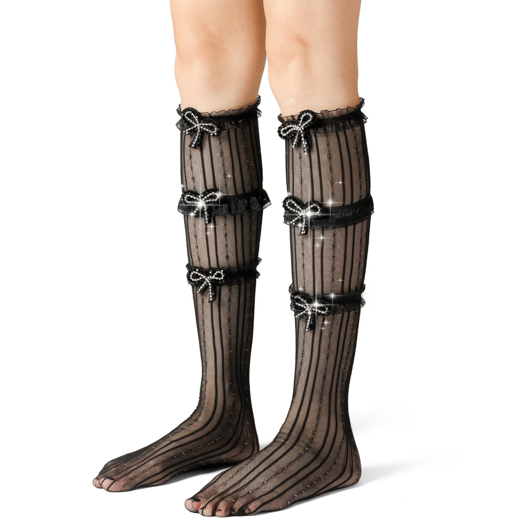 Diamond Bowknot Black Stretch Tulle Long Socks - Uniqvibe