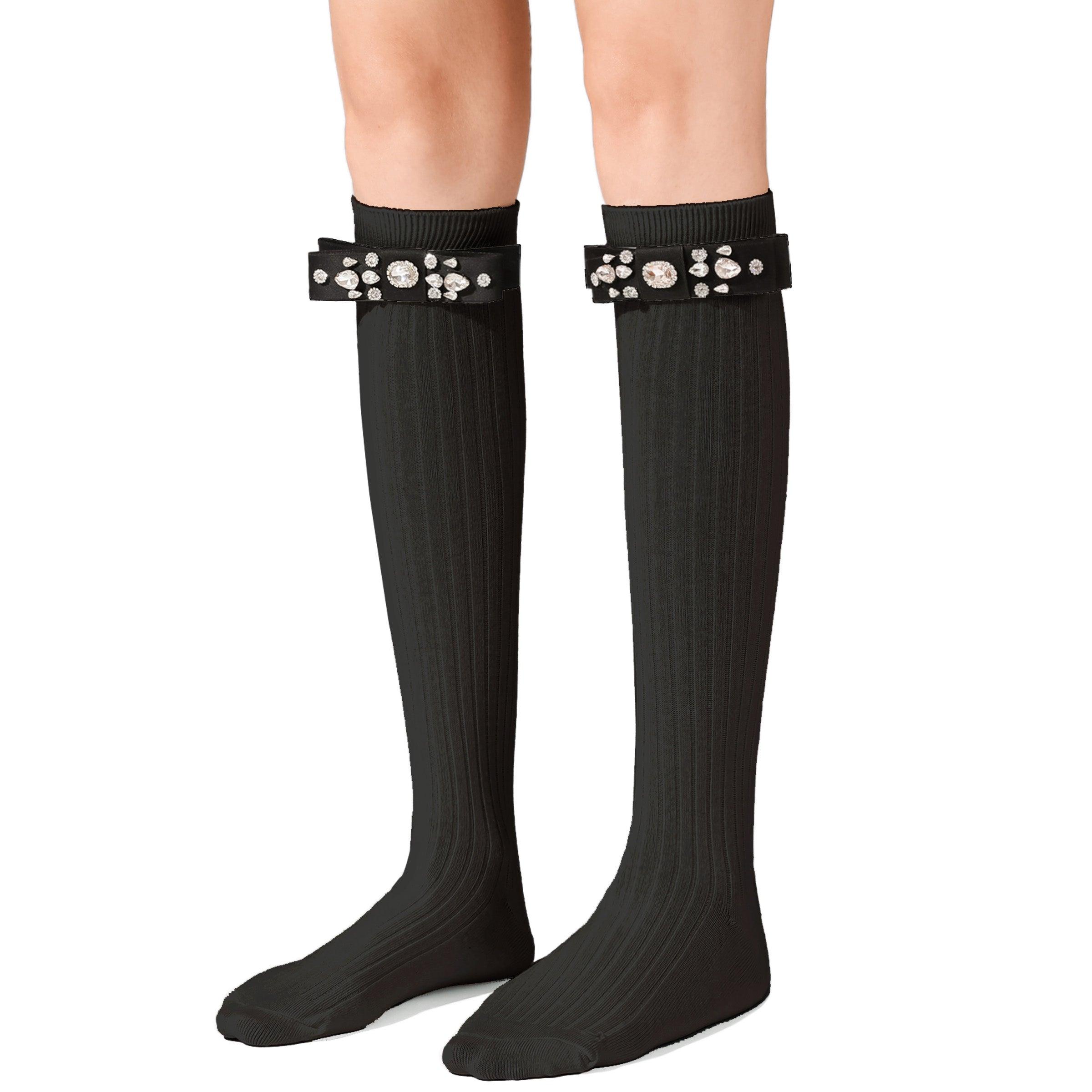 Diamond Bowknot Cotton Long Knee High Socks - Uniqvibe