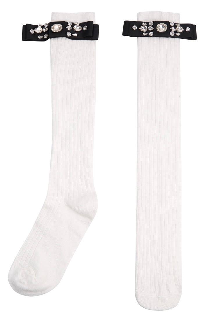 Diamond Bowknot Cotton Long Knee High Socks - Uniqvibe