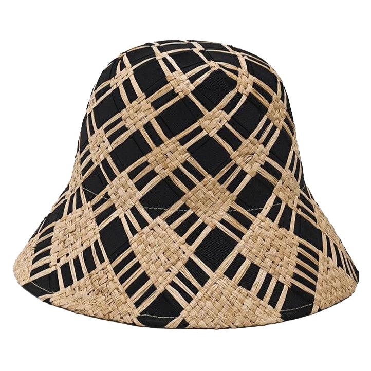 Fabric Cross Woven Straw Beach Bucket Hat Black/Beige - Uniqvibe