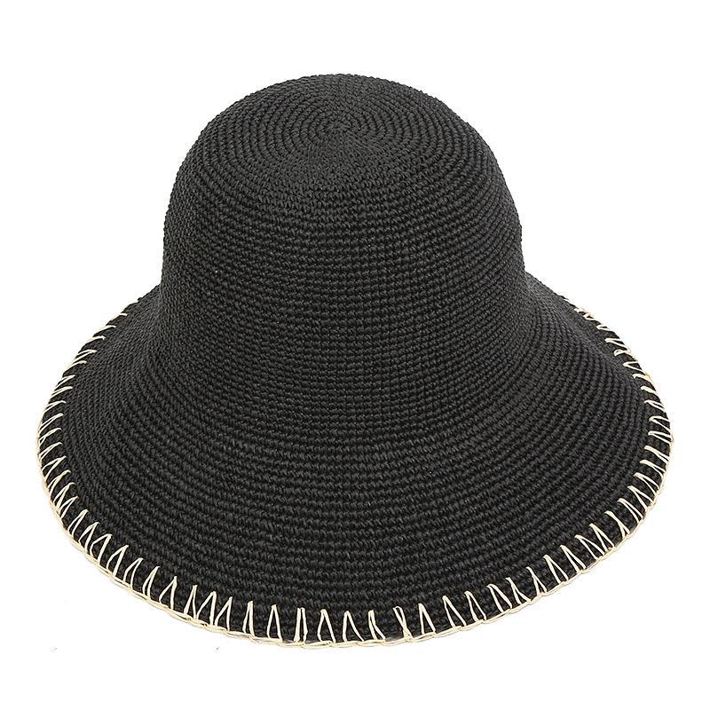 Hand Sewing Black Straw Beach Bucket Hat - Uniqvibe