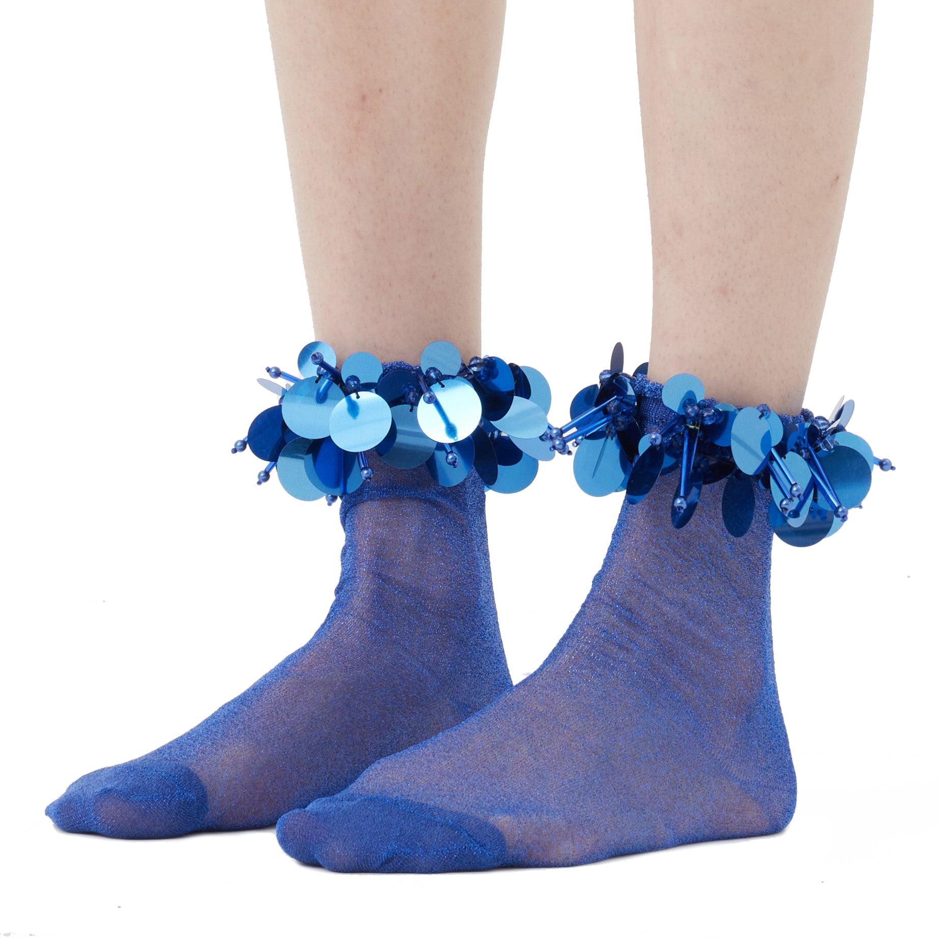 Handmade Blue Beaded Sequin Socks - Uniqvibe