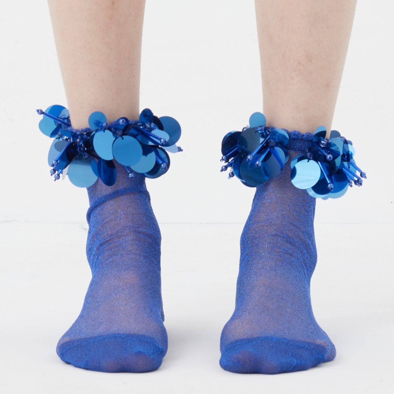 Handmade Blue Beaded Sequin Socks - Uniqvibe