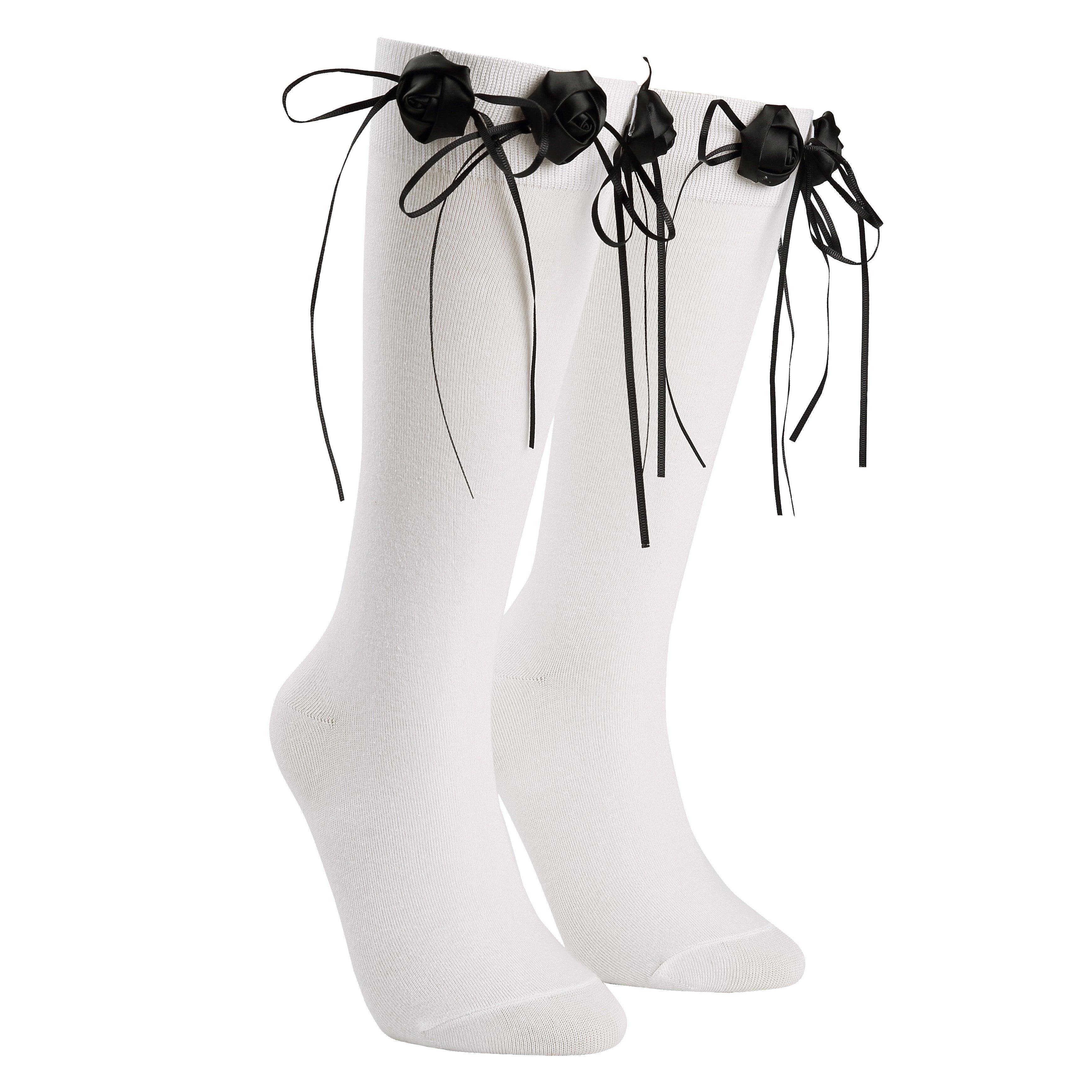 Handmade Flower Bud White Cotton Long Socks - Uniqvibe