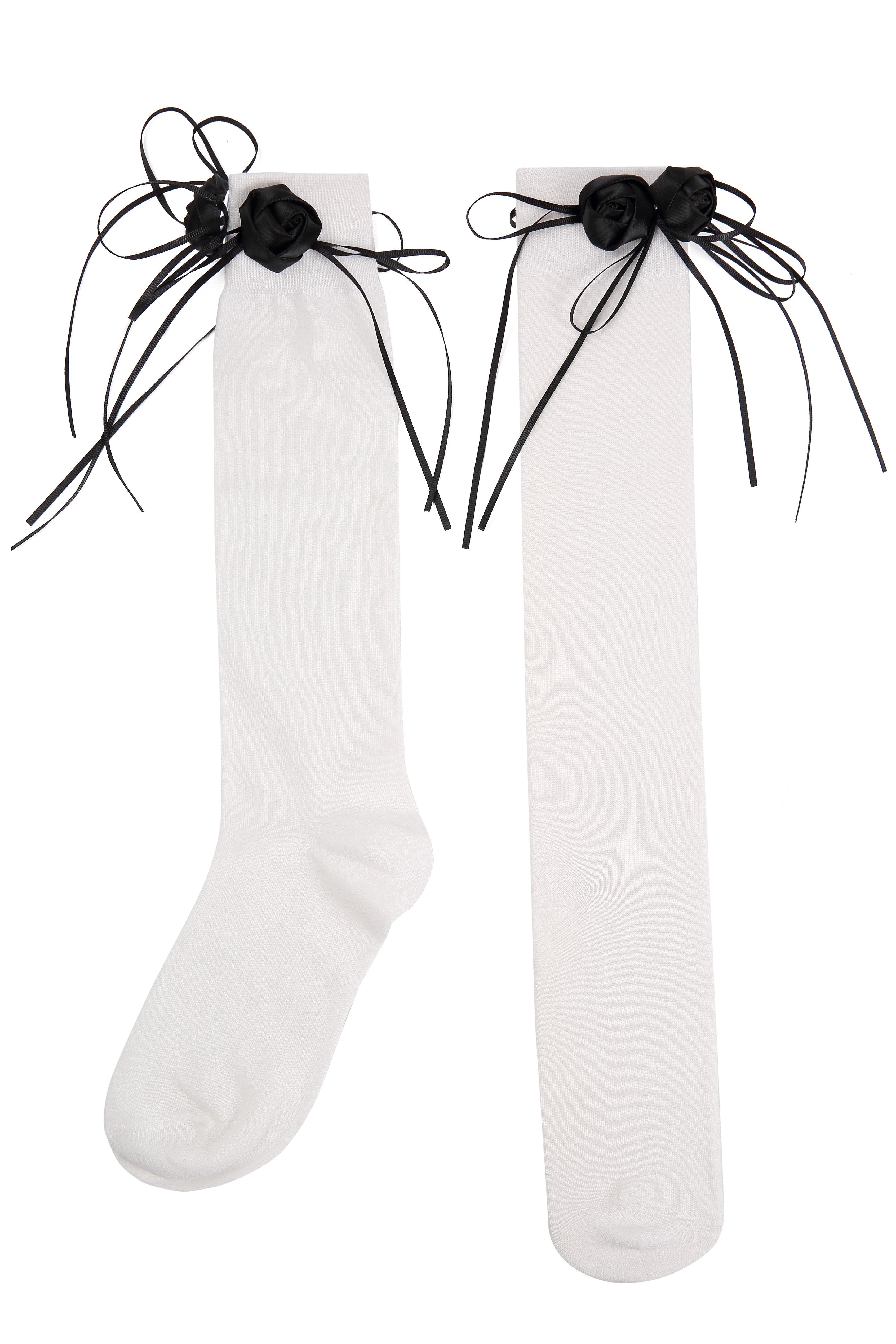 Handmade Flower Bud White Cotton Long Socks - Uniqvibe