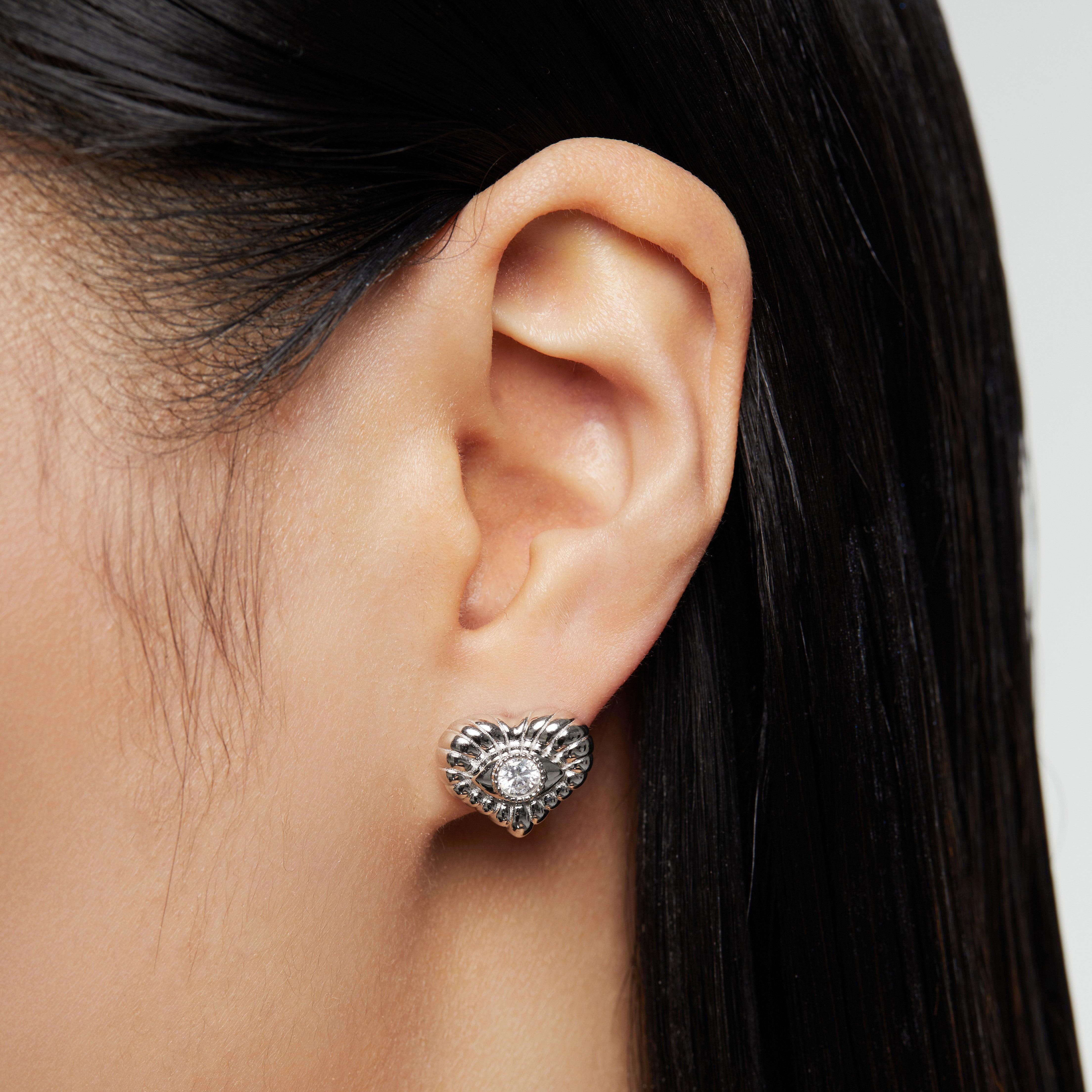 Heart Crystal Eye Embossed Silver Earrings - Uniqvibe