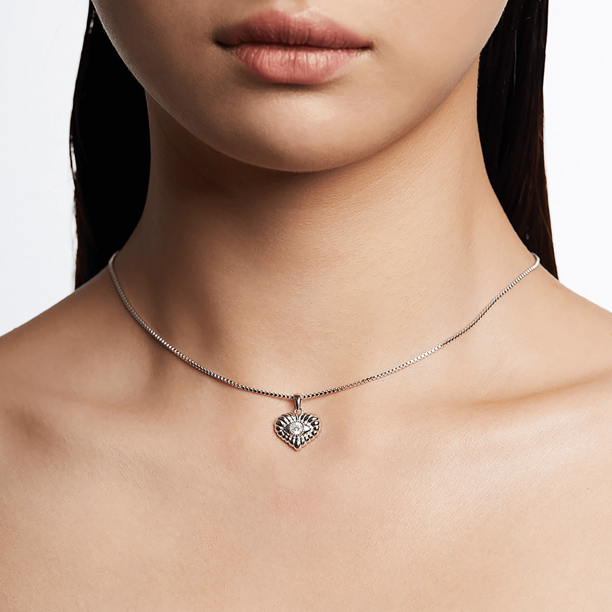 Heart Crystal Eye Embossed Silver Necklace - Uniqvibe