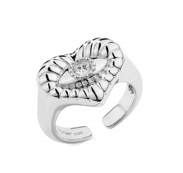 Heart Crystal Eye Embossed Silver Ring - Uniqvibe