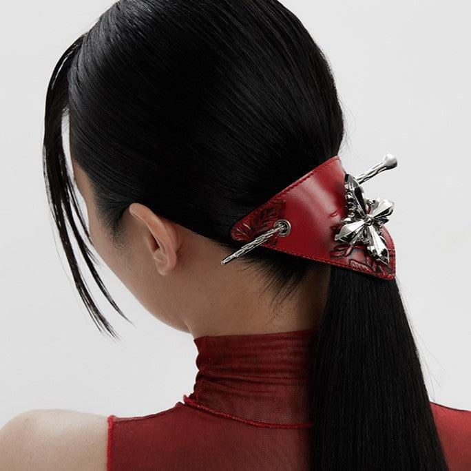 Metal Red Leather Cross Hairpin Hair Clips - Uniqvibe