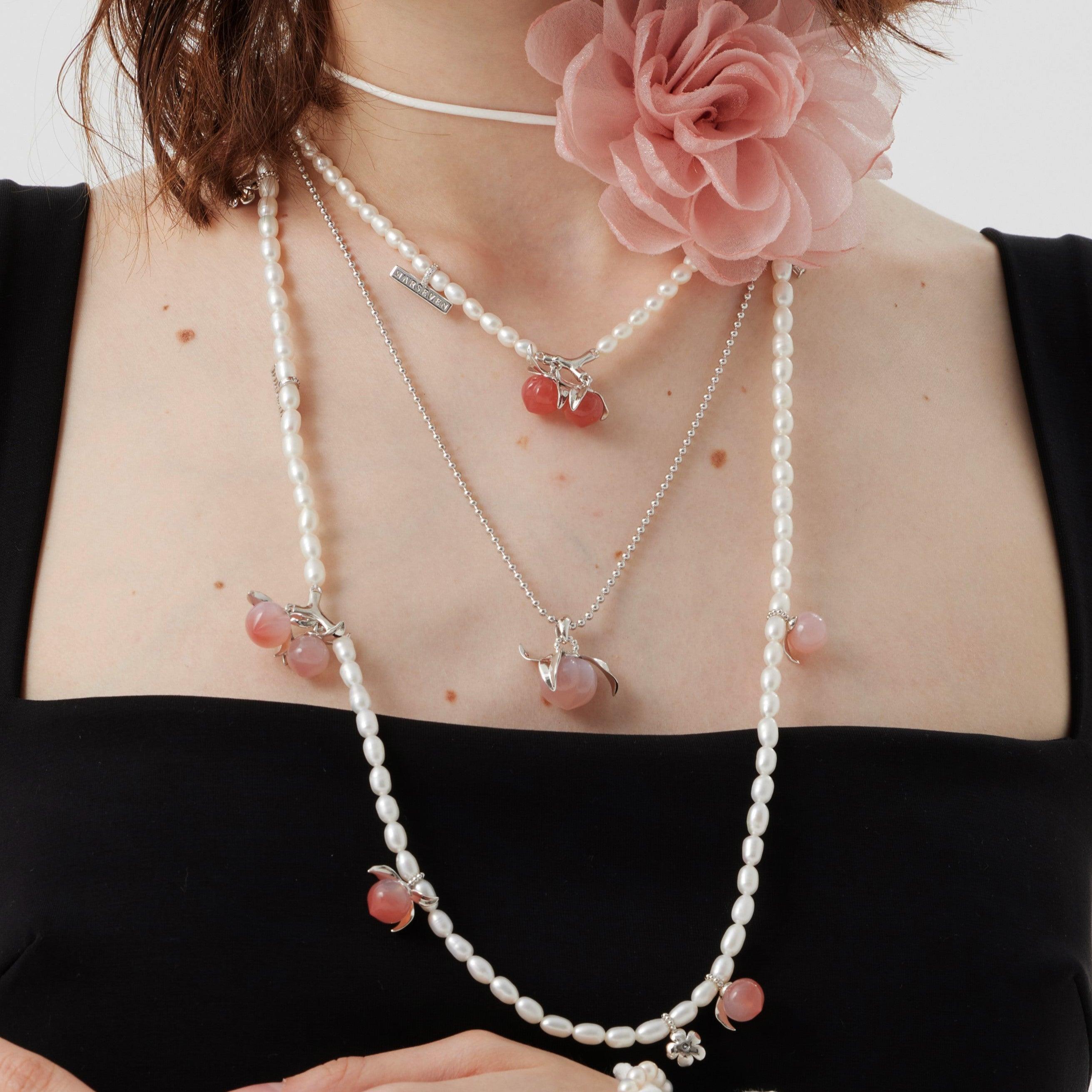 Natural Agate Peaches Pearl Long Necklace - Uniqvibe