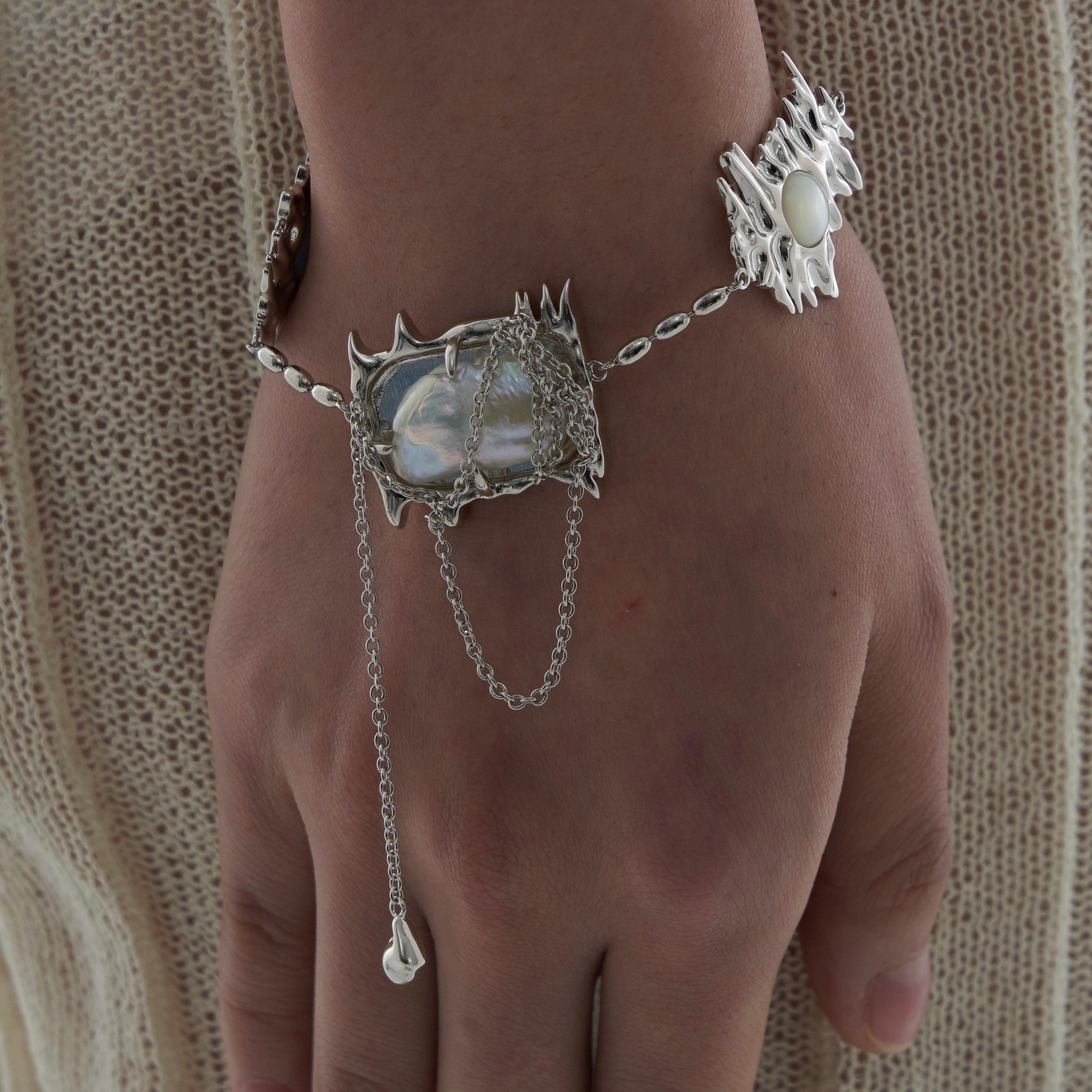 Natural Baroque Pearl and Shell Liquid Metal Bracelet - Uniqvibe