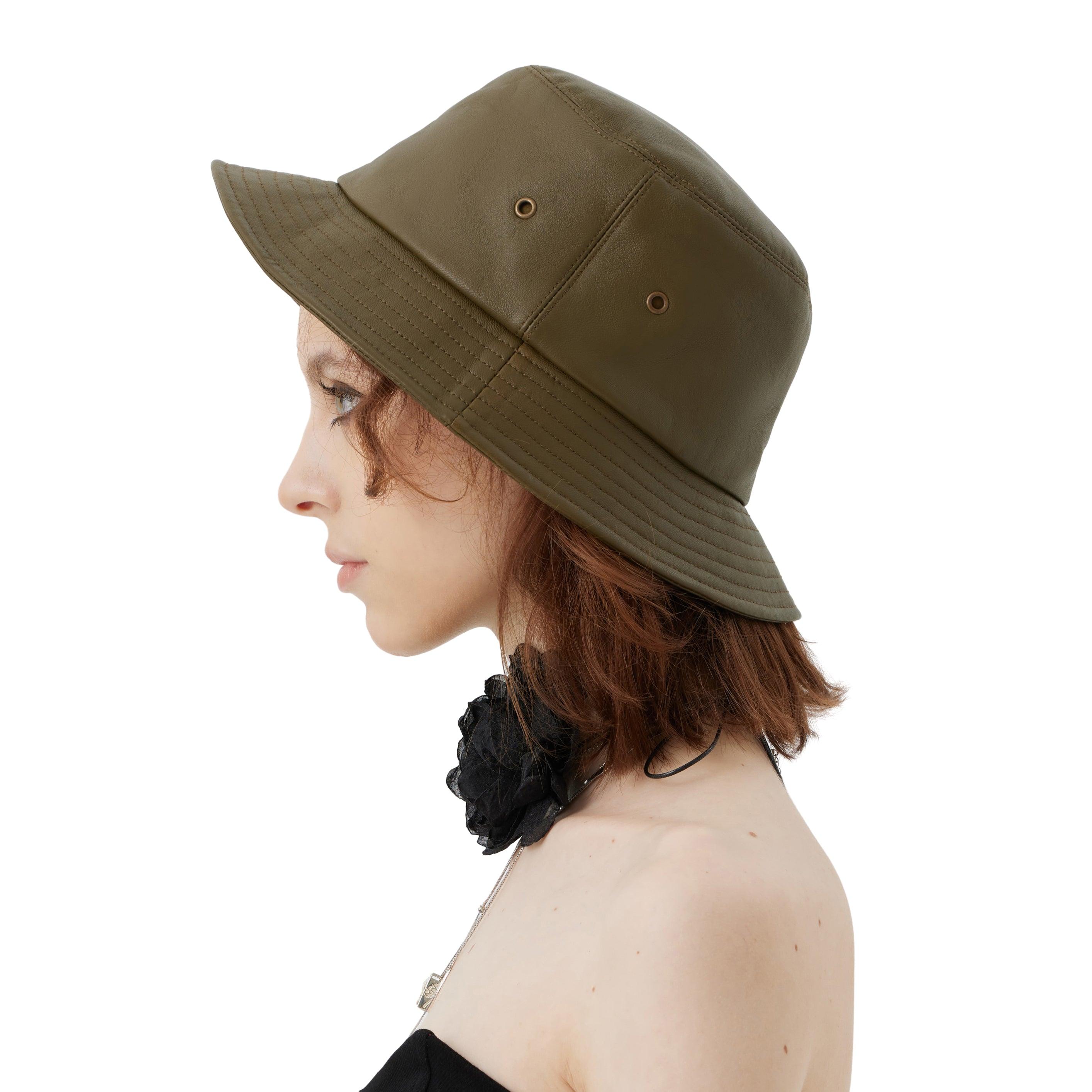 Olive Green Leather Bucket Hat - Uniqvibe