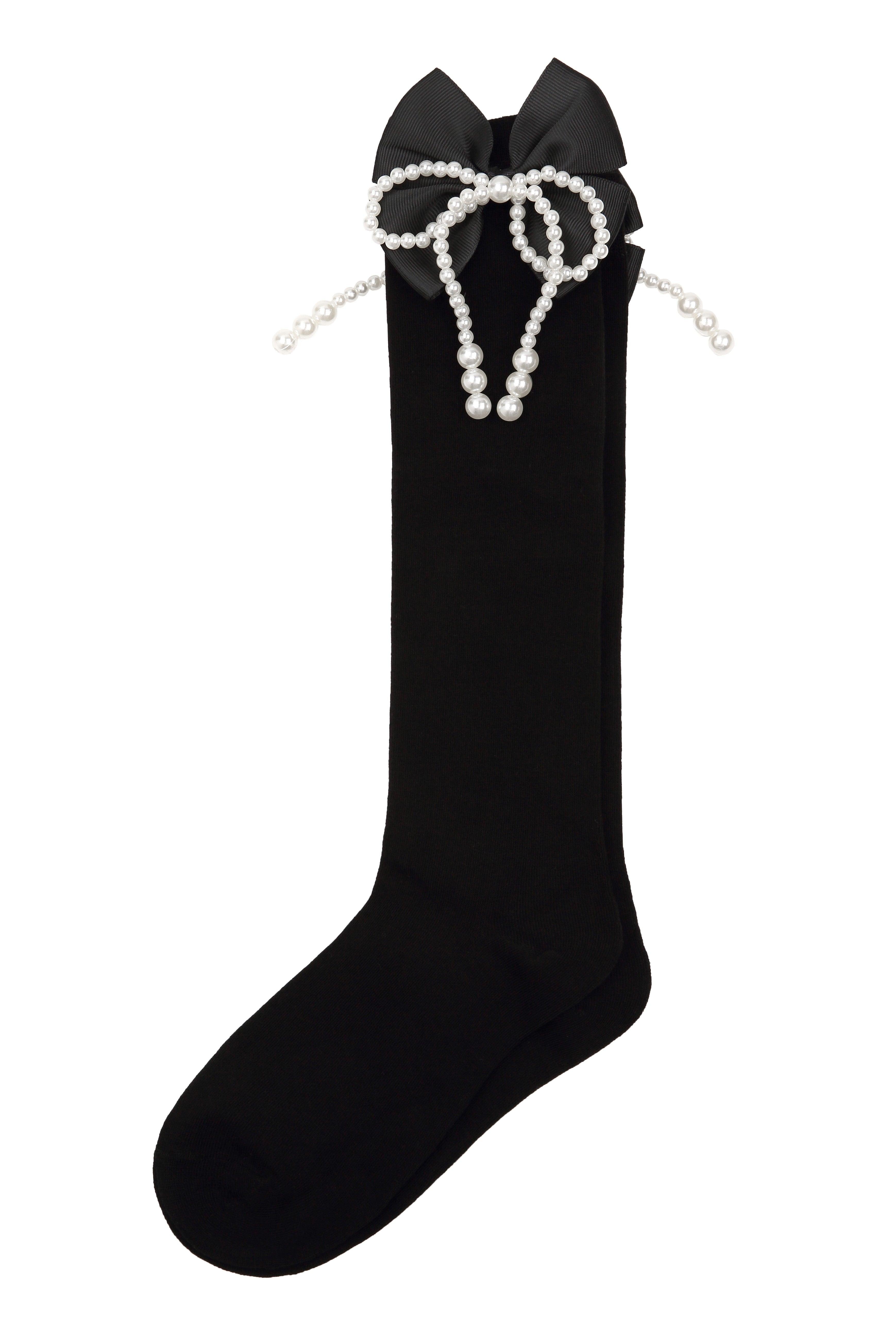 Pearl Bow Black Cotton Long Socks - Uniqvibe