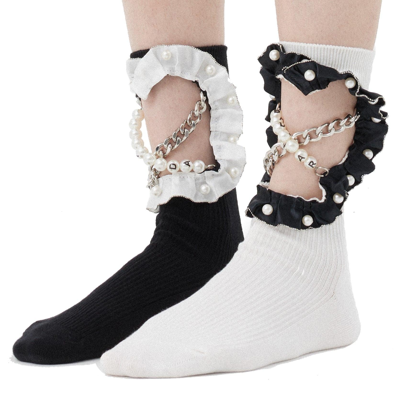 Pearl Chain Ruffle Black And White Short Socks - Uniqvibe