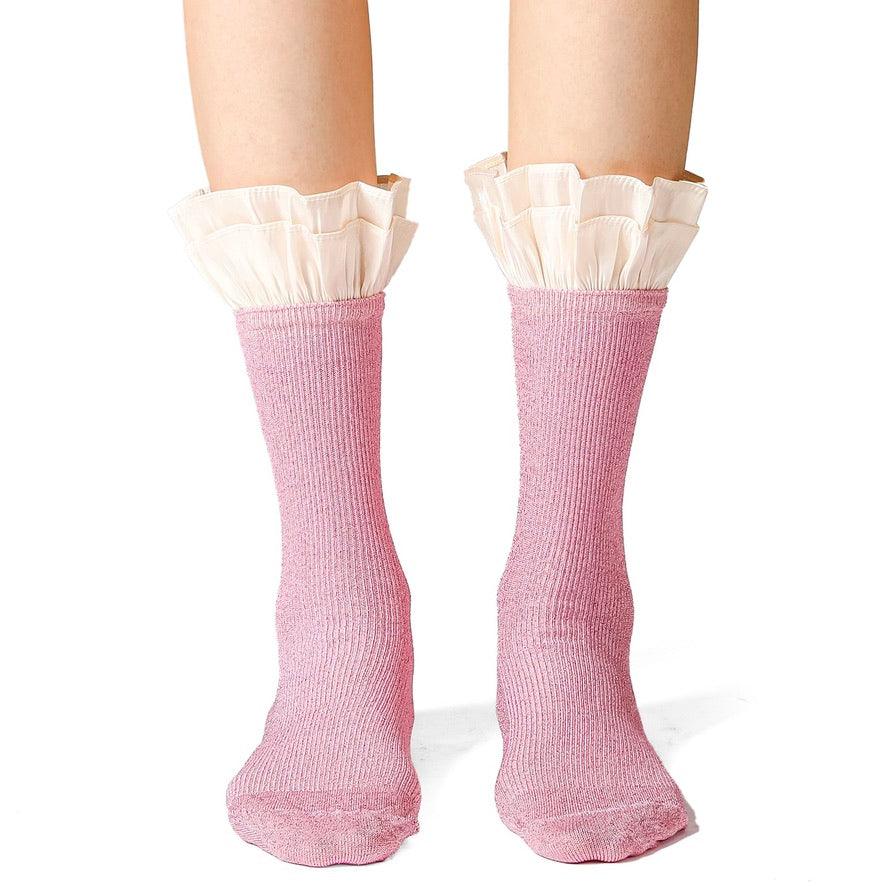 Pink Satin Ruffled Lace Cotton Socks Black/Grey - Uniqvibe