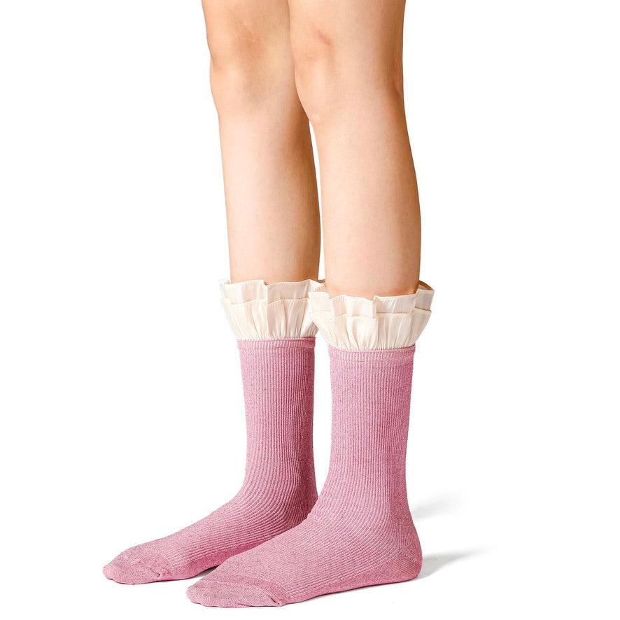 Pink Satin Ruffled Lace Cotton Socks Black/Grey - Uniqvibe