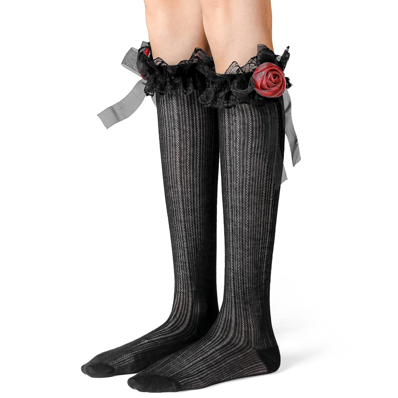 Rose Black Lace Patterned Stretch Long Socks - Uniqvibe