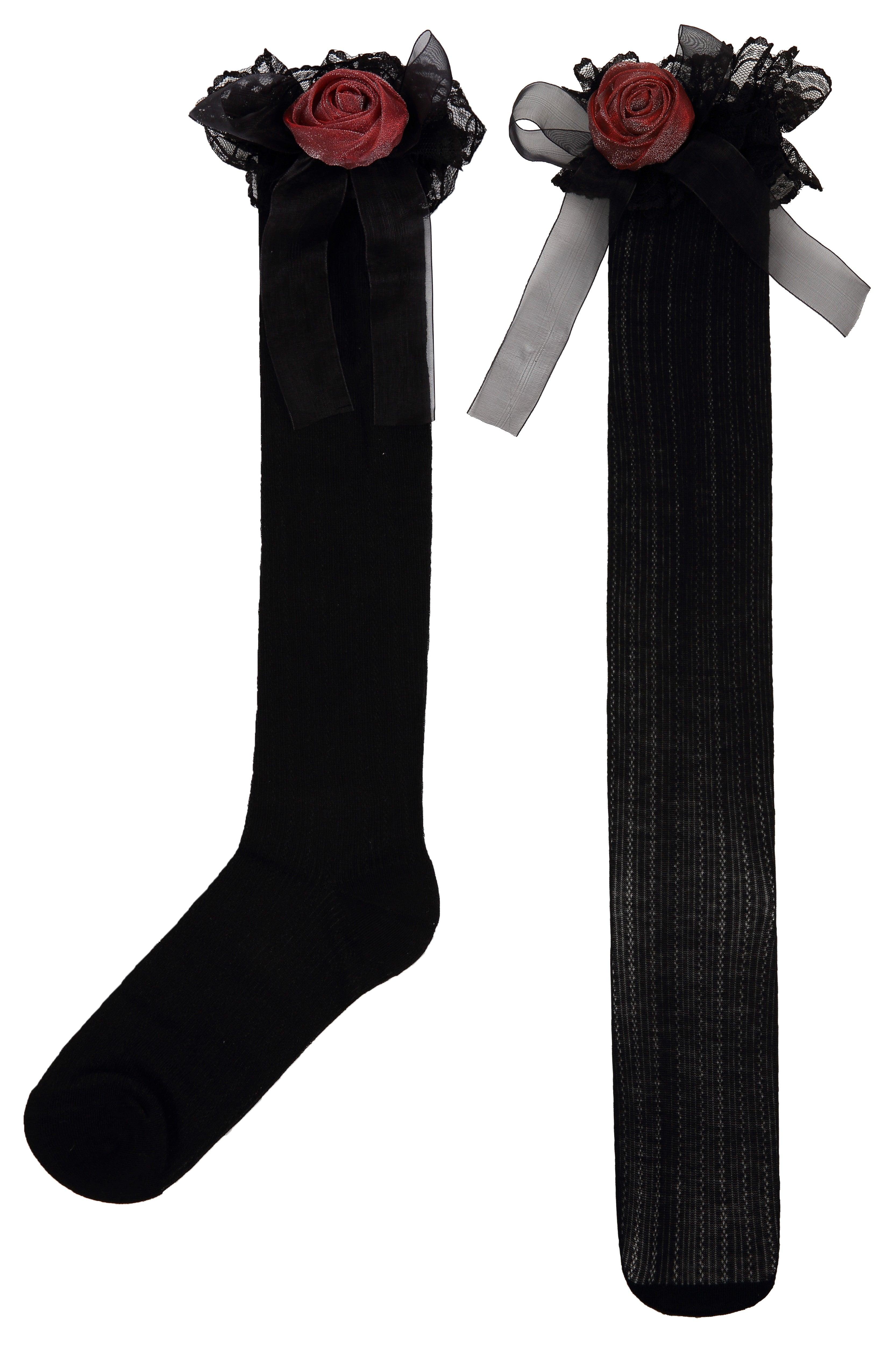 Rose Black Lace Patterned Stretch Long Socks - Uniqvibe