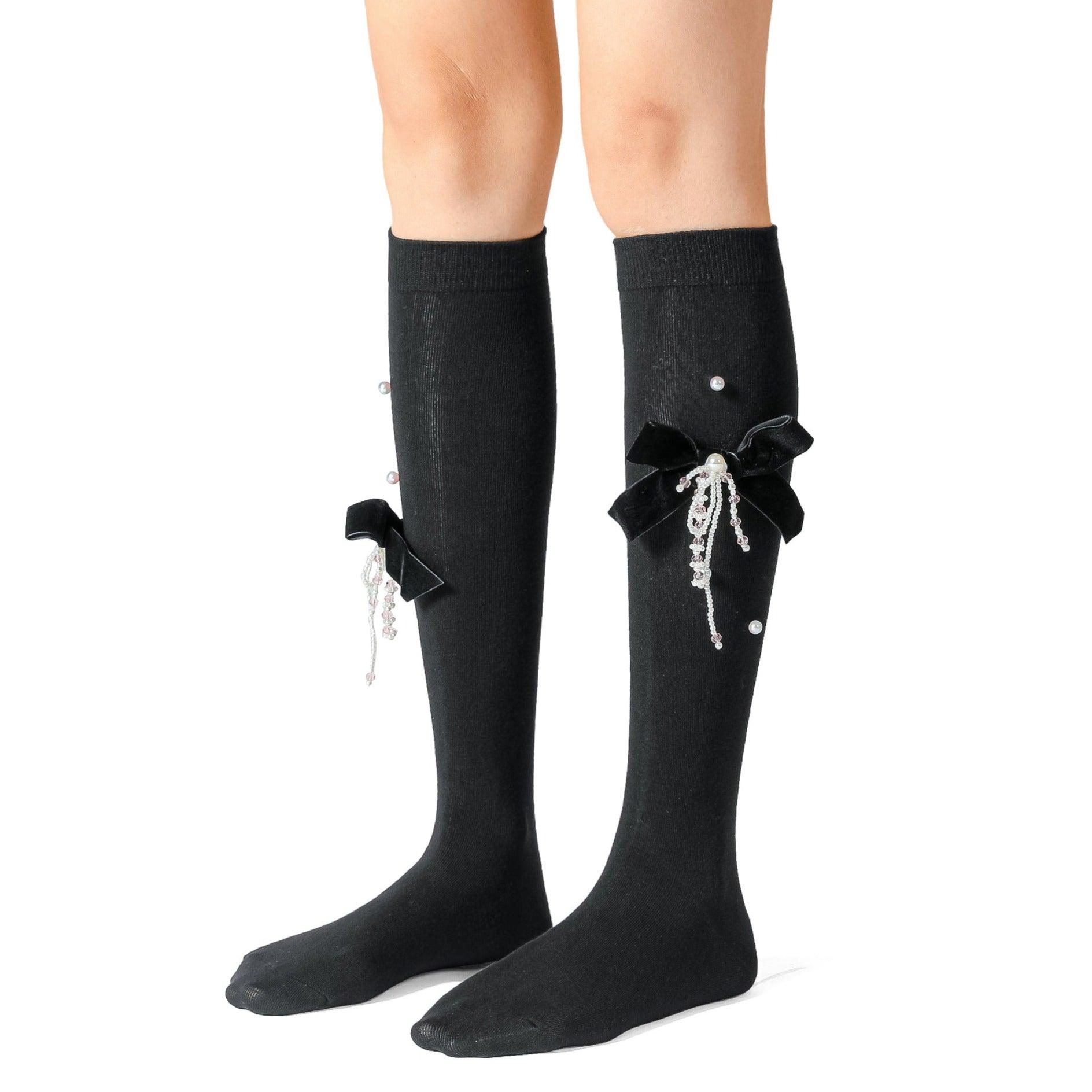 Velvet Bow Pearl Tassel Cotton Long Socks - Uniqvibe