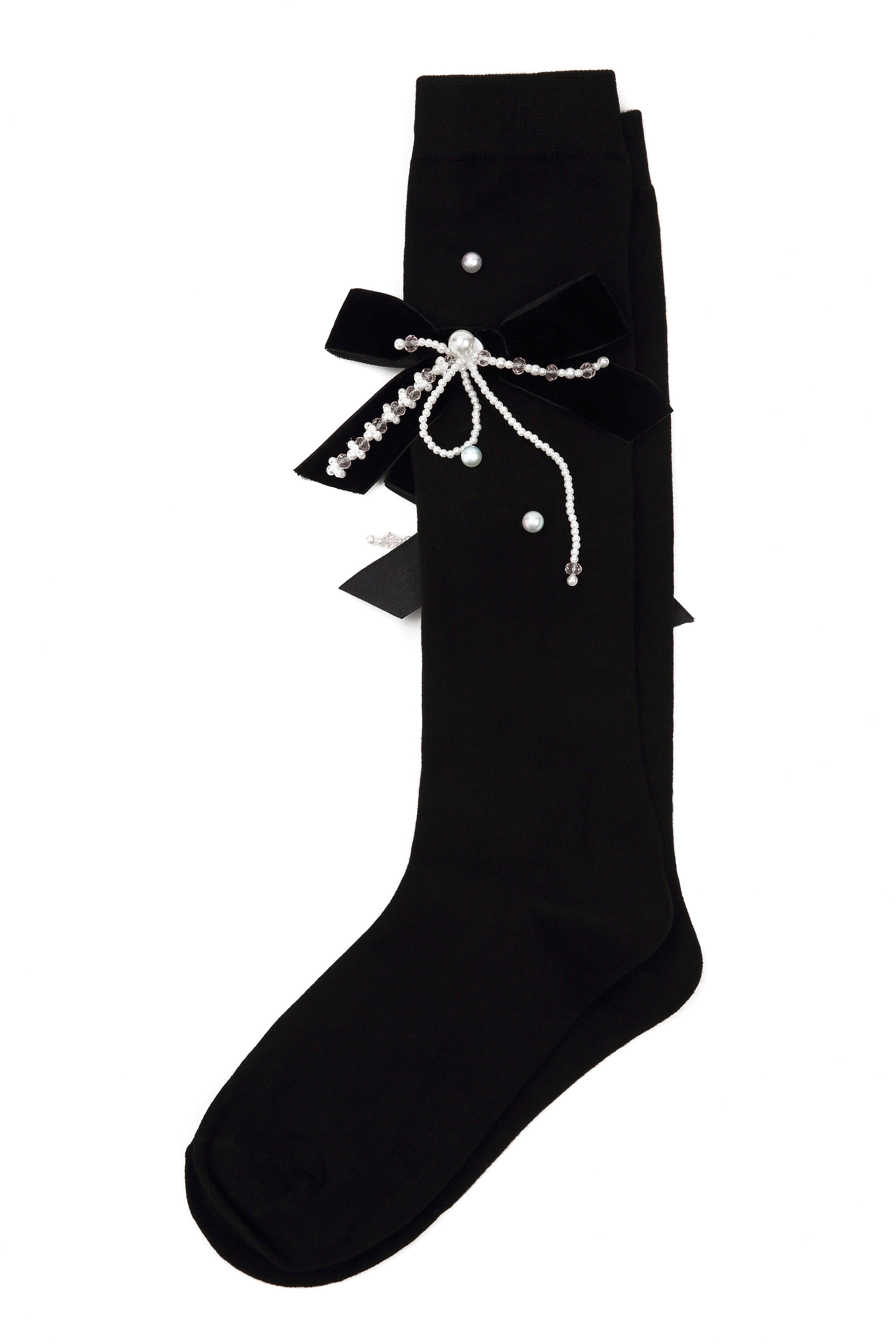 Velvet Bow Pearl Tassel Cotton Long Socks - Uniqvibe