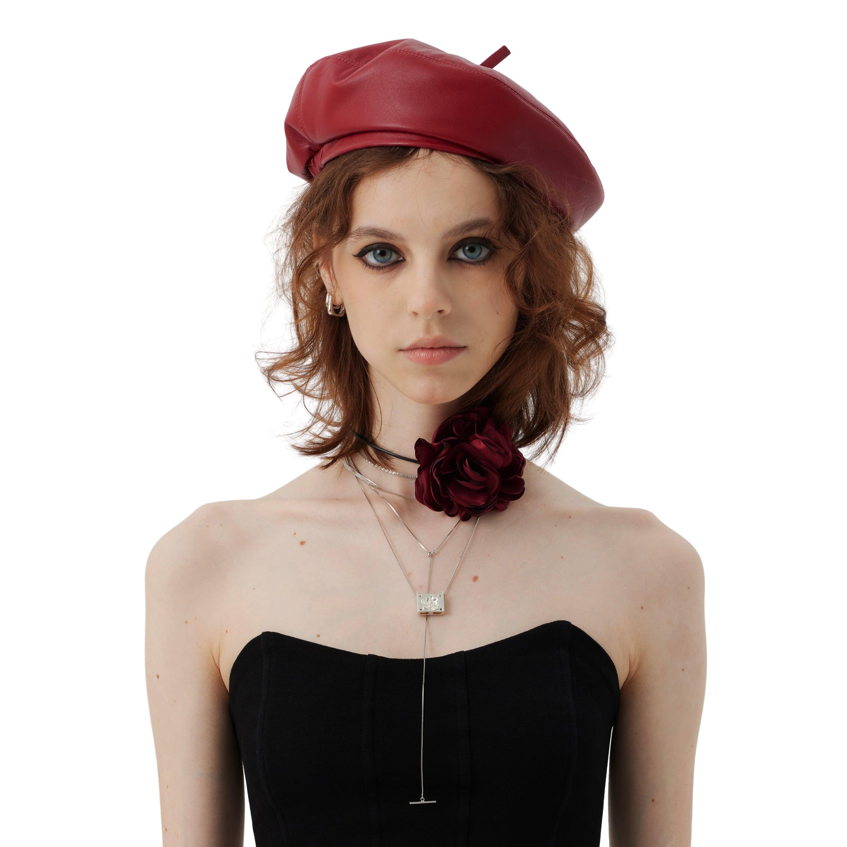 Wine Red/Black Leather Beret Hat - Uniqvibe