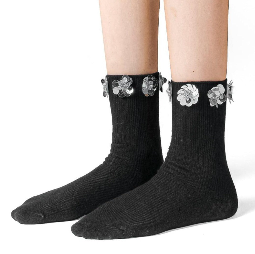 Zircon Silver Floral Sequin Black Cotton Short Socks - Uniqvibe