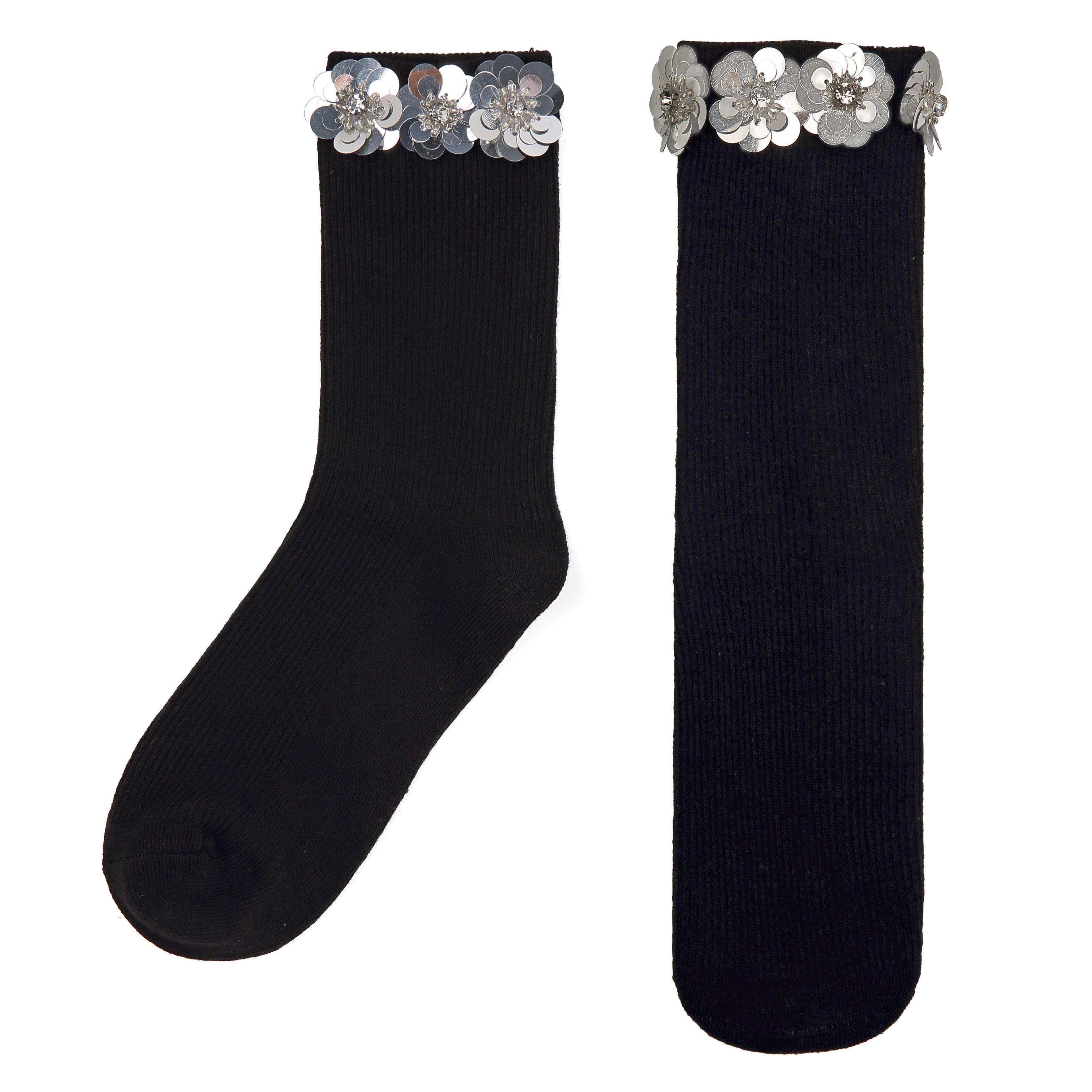 Zircon Silver Floral Sequin Black Cotton Short Socks - Uniqvibe