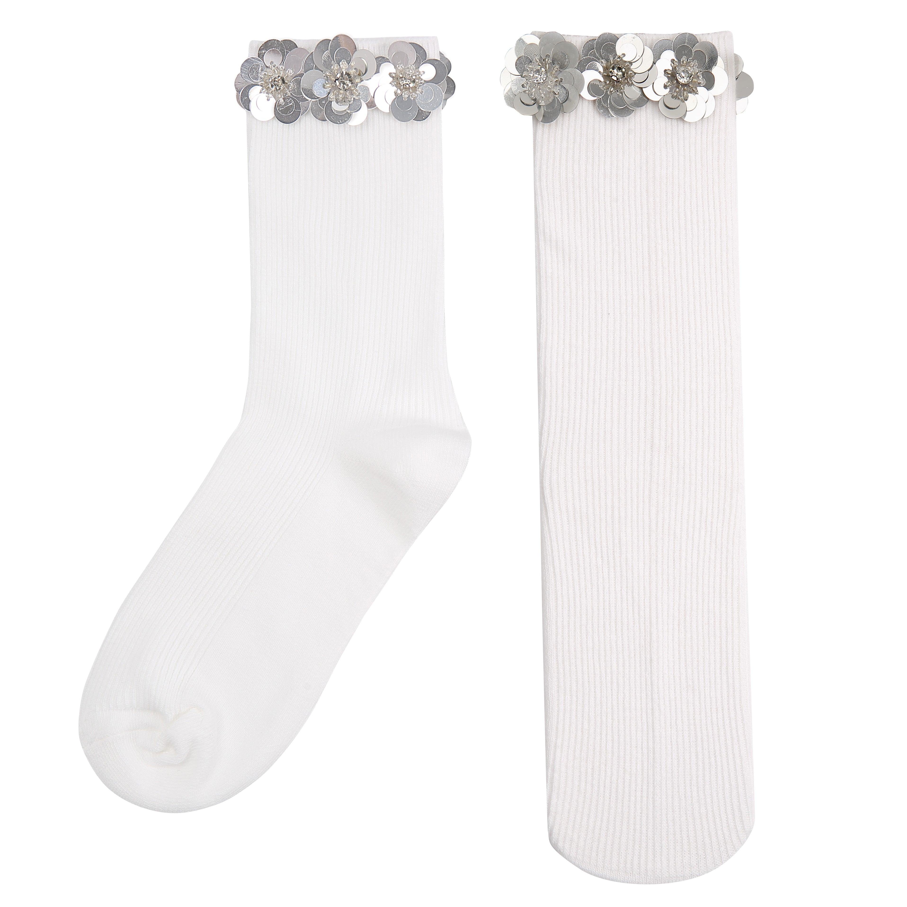 Zircon Silver Floral Sequin White Cotton Short Socks - Uniqvibe