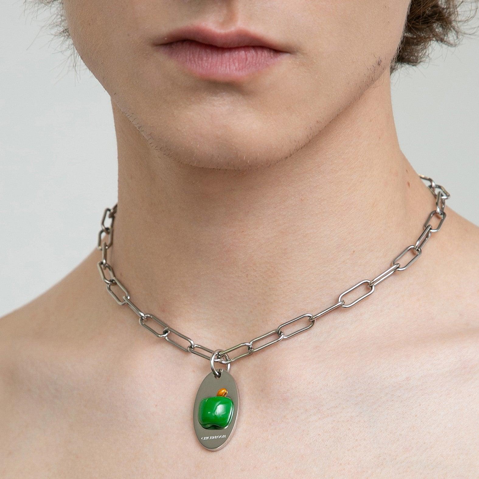 Enamel Green Apple Pendant Thick Chain Necklace - Uniqvibe