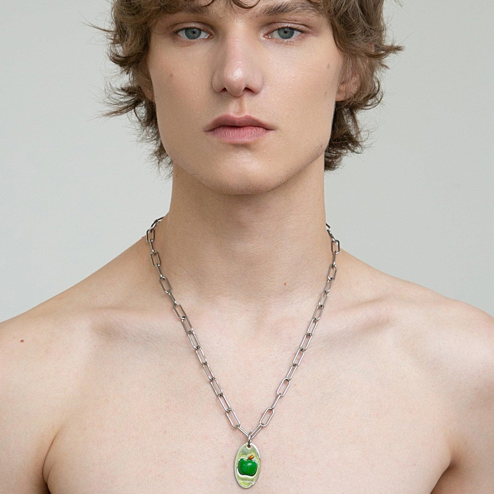 Enamel Green Apple Pendant Thick Chain Necklace - Uniqvibe