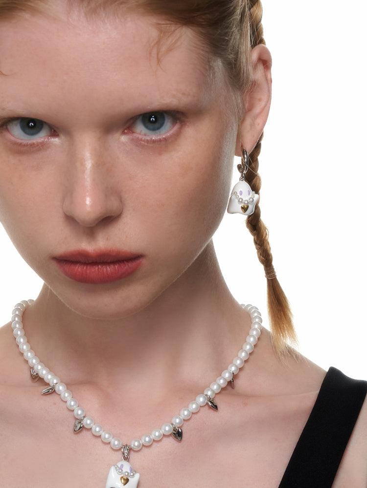 Ghost Earrings with a Pearl Necklace - Uniqvibe