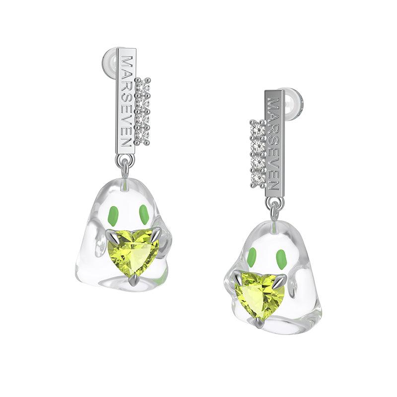 Green Crystal Heart Transparent Ghost Earrings/Ear Cuffs - Uniqvibe