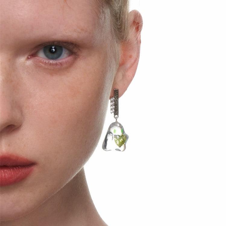 Green Crystal Heart Transparent Ghost Earrings/Ear Cuffs - Uniqvibe