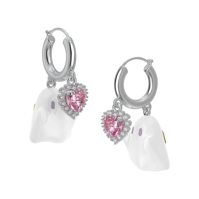 Pink Crystal Heart Enamel Ghost Earrings/Ear Cuffs - Uniqvibe