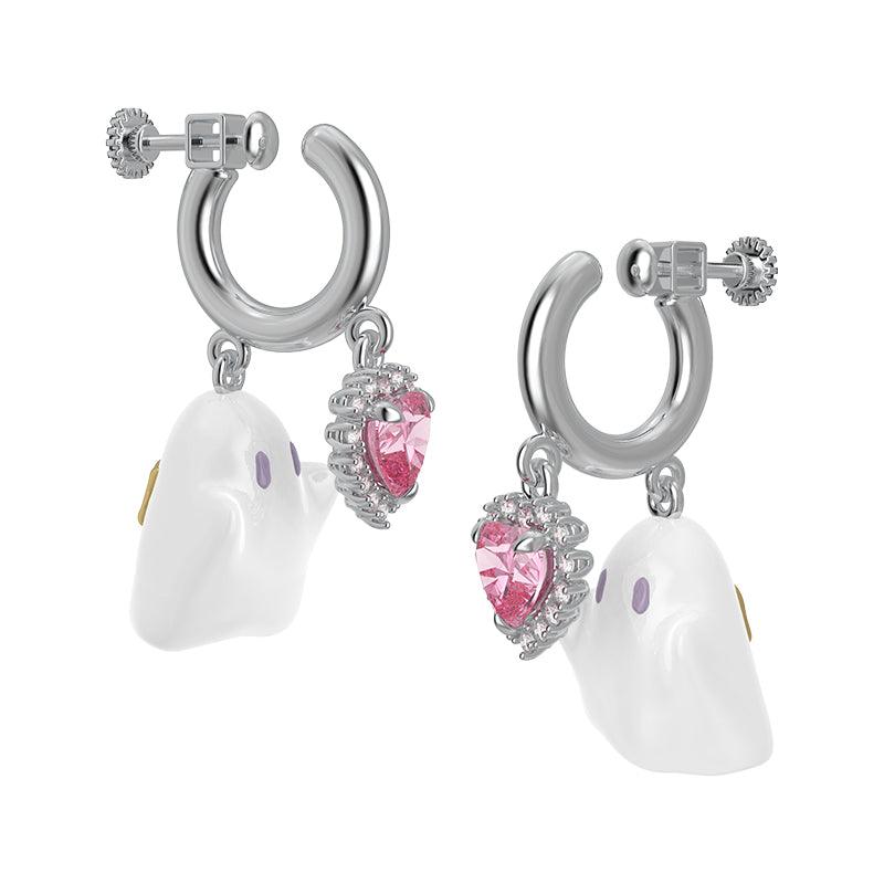 Pink Crystal Heart Enamel Ghost Earrings/Ear Cuffs - Uniqvibe