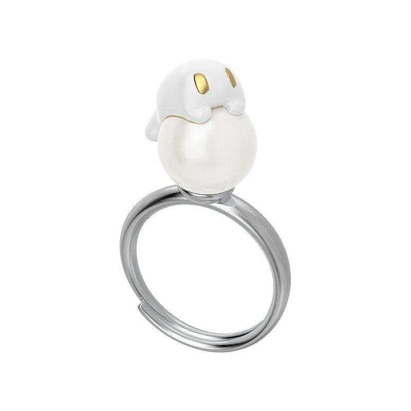 White Pearl Ghost Open Adjustable Ring - Uniqvibe